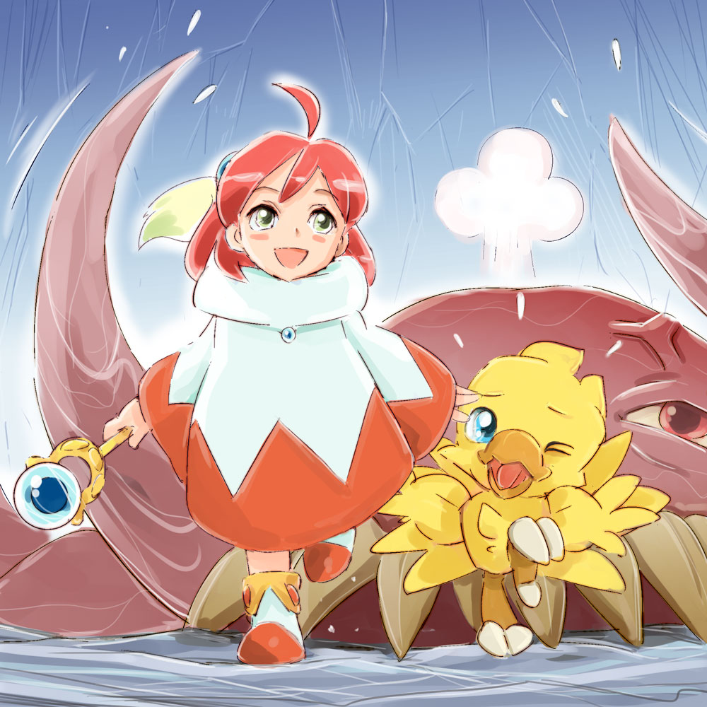 1girl, blush, chocobo, final_fantasy, final_fantasy_fables, gekkeiyou, green_eyes, pink_hair