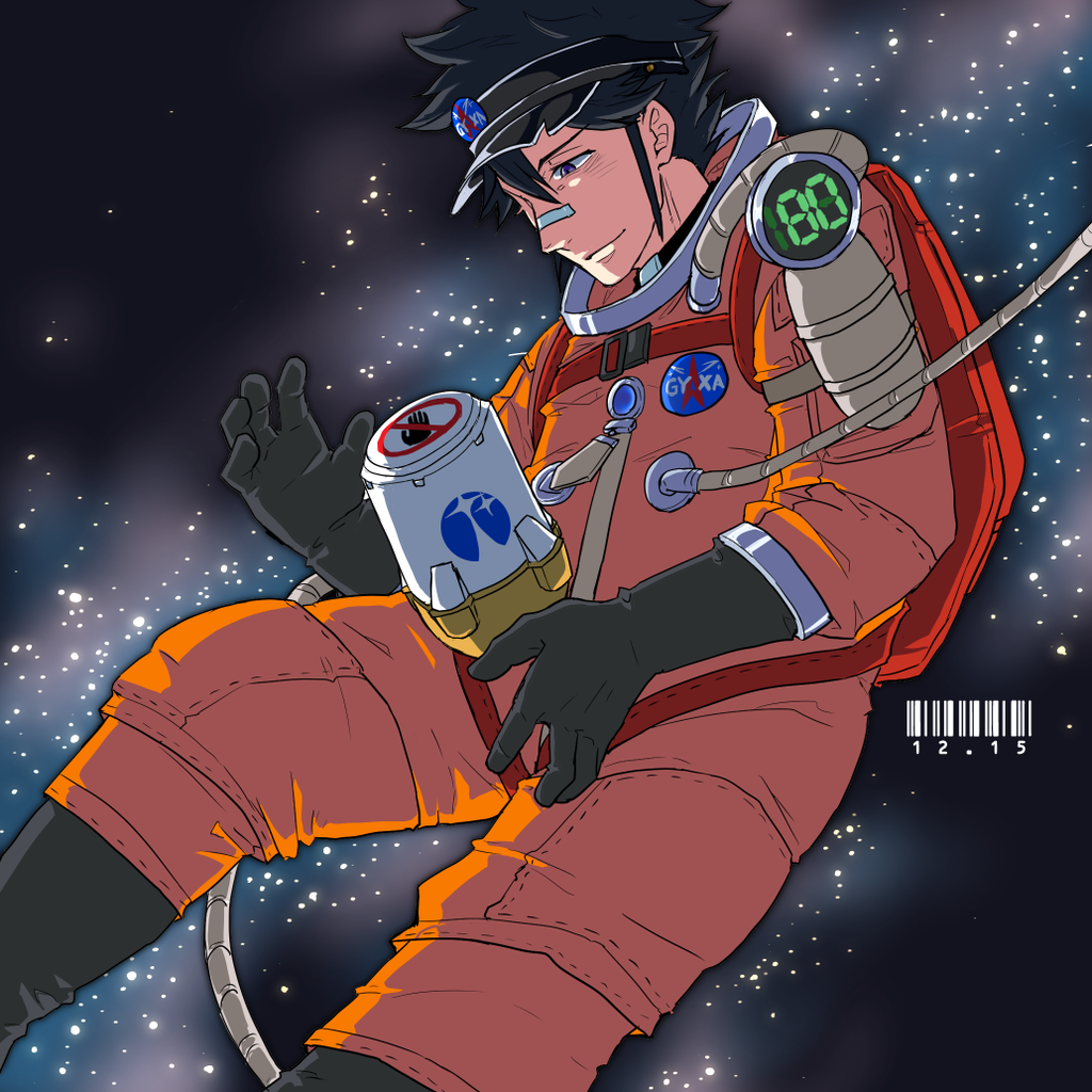 1boy, aoi_daichi, astronaut, bandage_on_face, barcode, black_gloves, black_hair, capsule