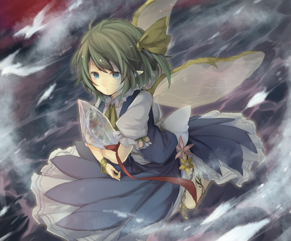 1girl, aqua_eyes, ascot, crossed_arms, daiyousei, fairy_wings, flower, frozen