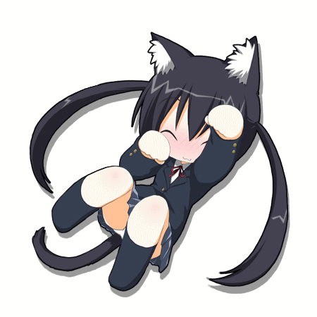 animal_ears, animated, animated_gif, black_hair, blush, cat_ears, cat_pose, chibi, closed_eyes, ear_twitch, k-on!, kohinata_sora, long_hair, lowres, nakano_azusa, nekomimi, panties, paw_pose, school_uniform, skirt, smile, socks, solo, tail, tongue, twintails, underwear