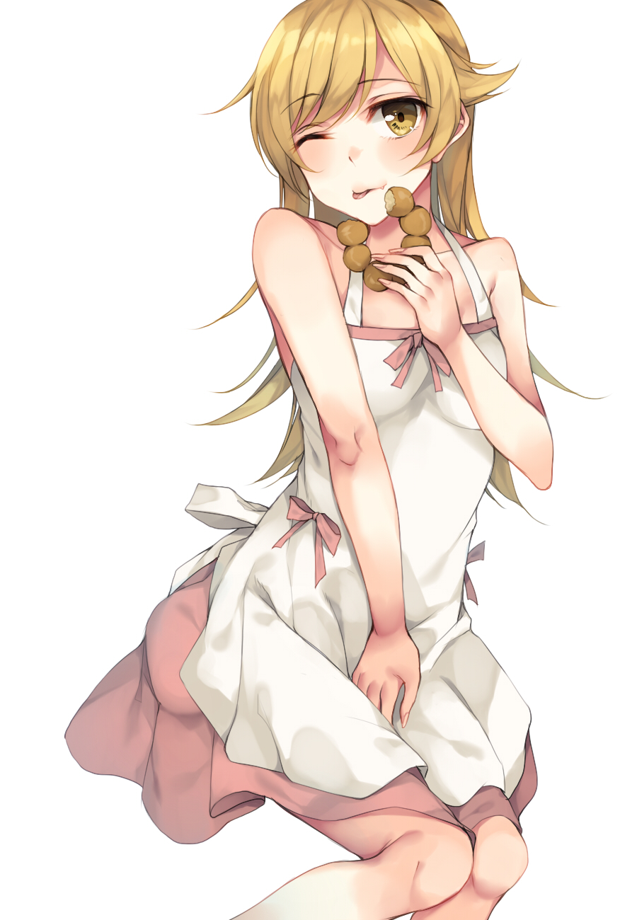 1girl, :3, bakemonogatari, bare_arms, bare_shoulders, blonde_hair, collarbone, dress, eating, fang, highres, layered_dress, long_hair, looking_at_viewer, monogatari_(series), one_eye_closed, oshino_shinobu, pink_dress, rinarisa, sleeveless, sleeveless_dress, solo, tongue, tongue_out, very_long_hair, white_dress, yellow_eyes