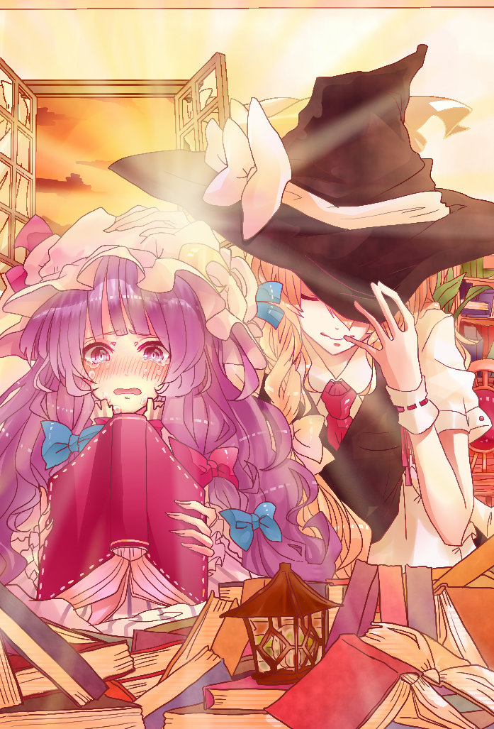 2girls, blonde_hair, blue_bow, blush, book, bow, closed_eyes, crying