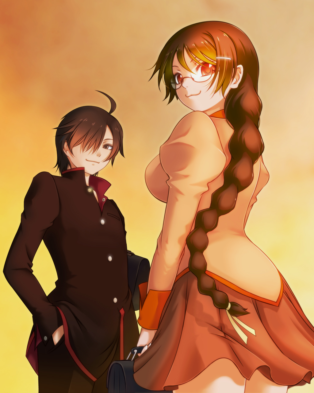 1boy, 1girl, :3, araragi_koyomi, bag, bakemonogatari, black_hair, braid