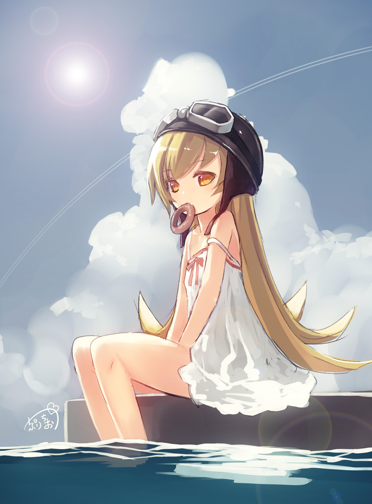 1girl, aviator_cap, bakemonogatari, bare_arms, bare_legs, bare_shoulders, between_legs, blonde_hair, blue_sky, clouds, condensation_trail, doughnut, dress, eyebrows, eyebrows_visible_through_hair, food, goggles_on_hat, hand_between_legs, helmet, hibanar, jetty, lens_flare, long_hair, monogatari_(series), mouth_hold, no_pants, ocean, off_shoulder, oshino_shinobu, outdoors, pier, shore, sitting, sky, sleeveless, sleeveless_dress, soaking_feet, solo, strap_slip, sundress, sunlight, sweets, very_long_hair, water, white_dress, yellow_eyes