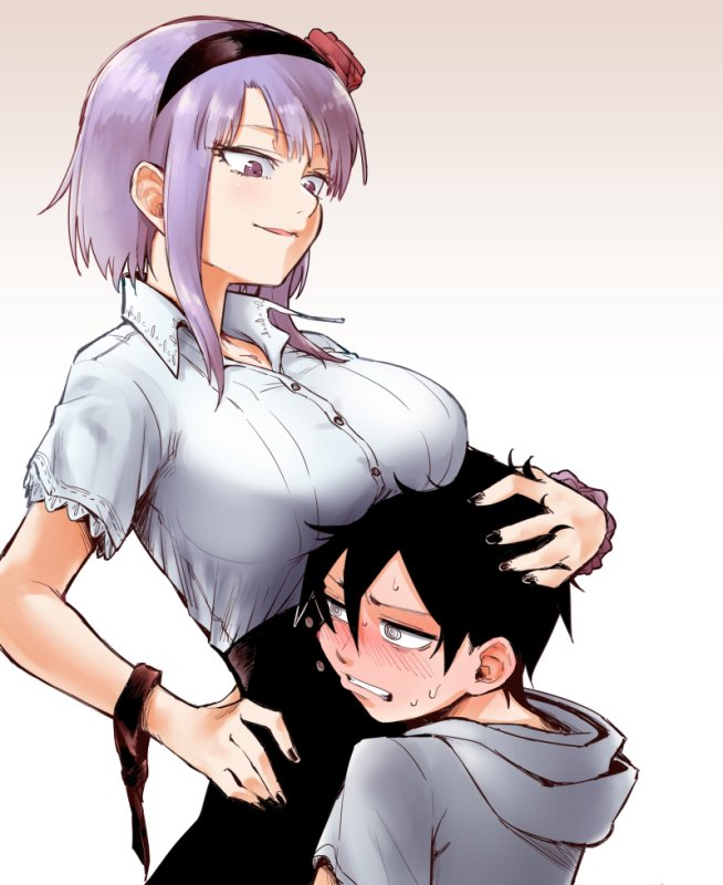 1boy, 1girl, abarai575, black_hair, black_nails, blush, breasts, dagashi_kashi