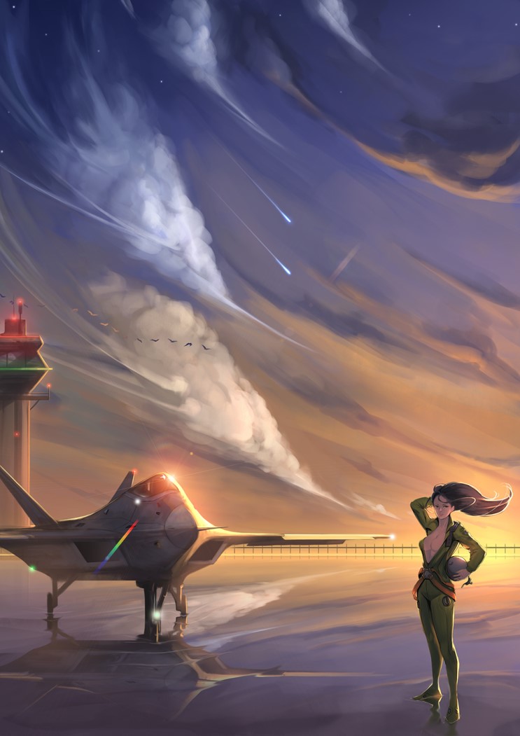 1girl, bird, breasts, brown_hair, canopy, clouds, cloudy_sky, cockpit