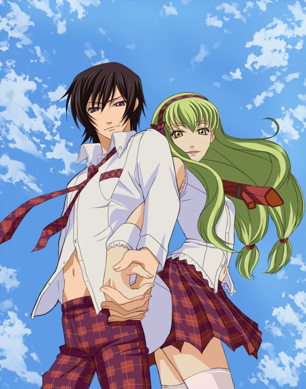 1girl, black_hair, c.c., cc, code_geass, couple, green_hair, hand_holding