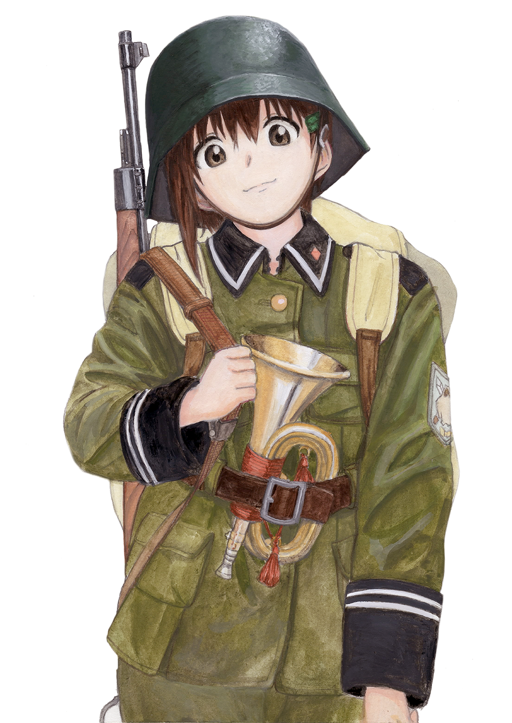 1girl, asymmetrical_hair, ayase_(ayase_m712), backpack, bag, brown_eyes, brown_hair, bugle