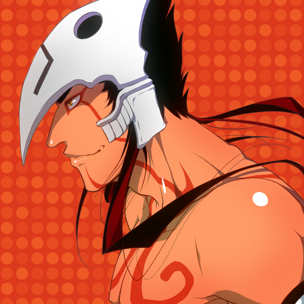 1boy, abirama_redder, arrancar, black_hair, bleach, long_hair, mask, natsu_kaze, shirtless, solo, tattoo, yellow_eyes