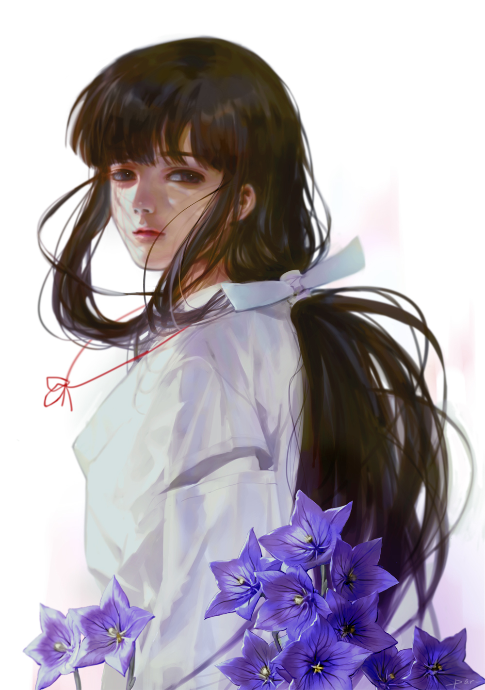 1girl, bangs, bellflower, black_eyes, black_hair, blunt_bangs, brown_eyes, closed_mouth, flower, from_side, hair_ornament, highres, inuyasha, japanese_clothes, kikyou_(inuyasha), long_hair, looking_at_viewer, looking_back, low_ponytail, miko, namesake, par., ponytail, red_lips, shade, solo, string, upper_body, white_background, wide_sleeves