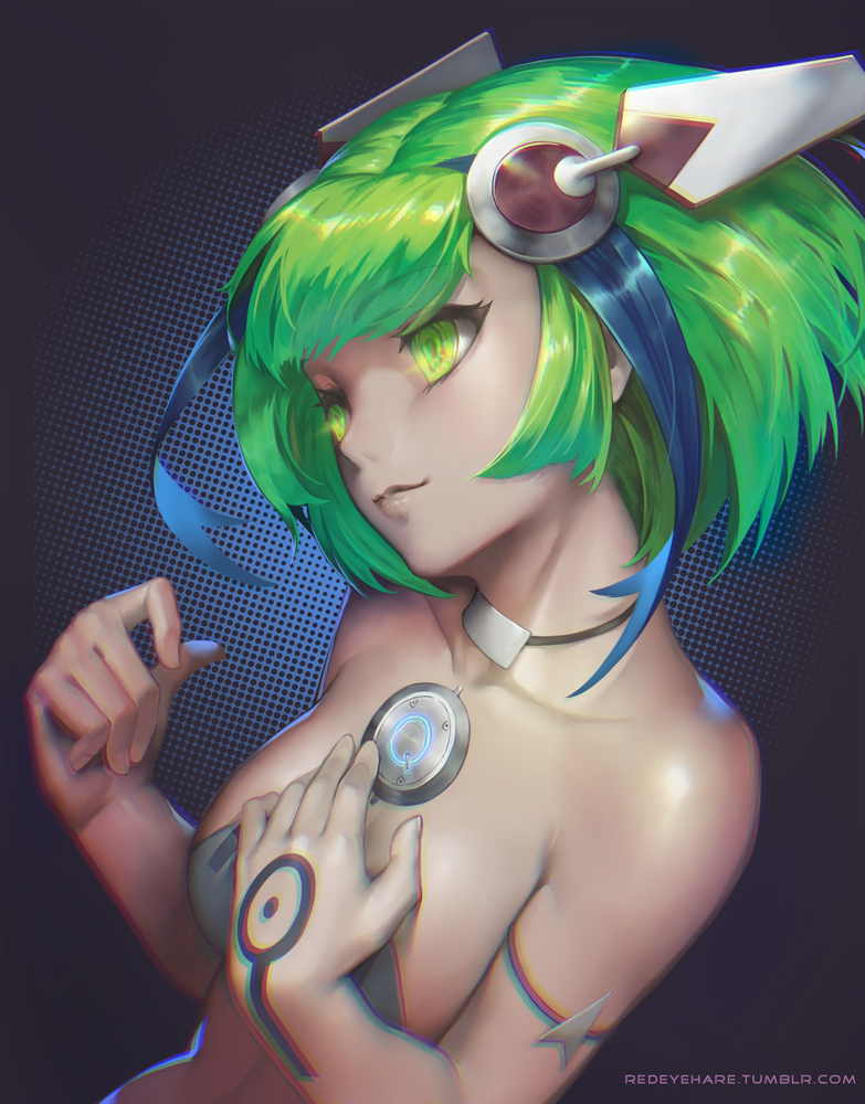 1girl, android, bangs, bare_shoulders, black_light, blue_hair, closed_mouth, collarbone