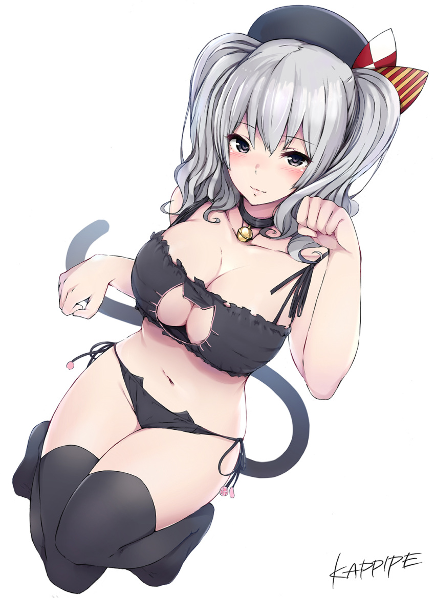 1girl, artist_name, bare_arms, bare_shoulders, bell, beret, black_bra, black_eyes