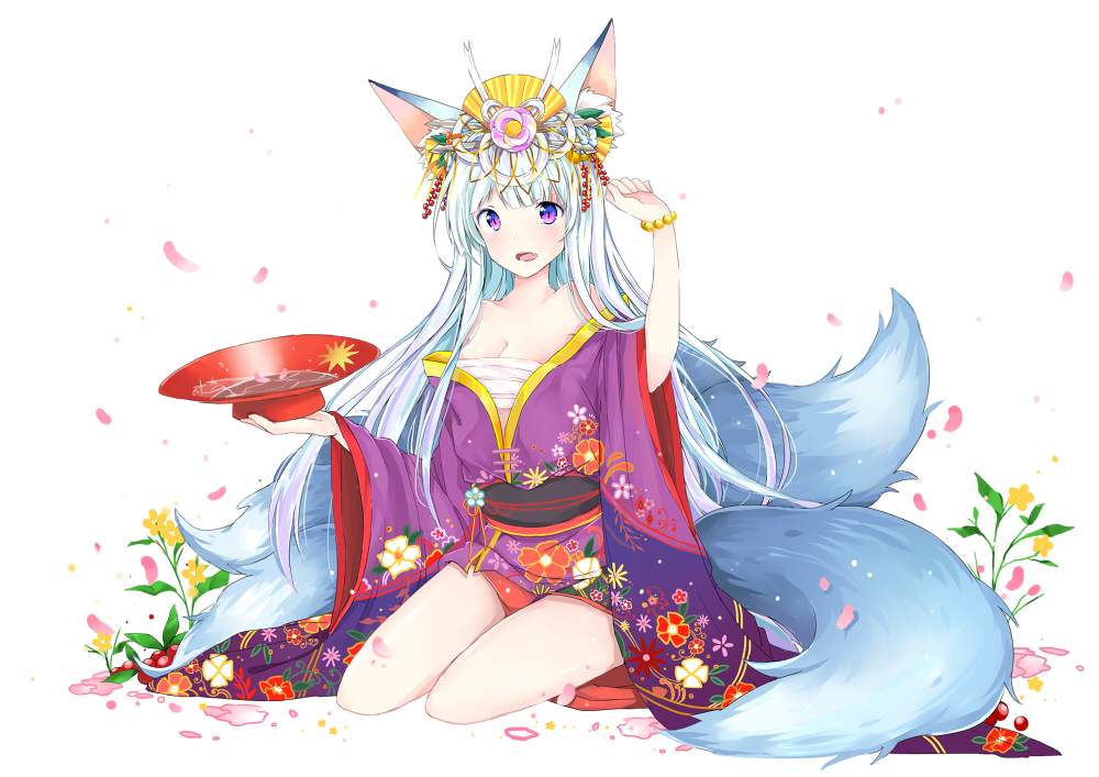 1girl, animal_ears, breasts, cleavage, flower, fox_ears, fox_tail, hair_ornament