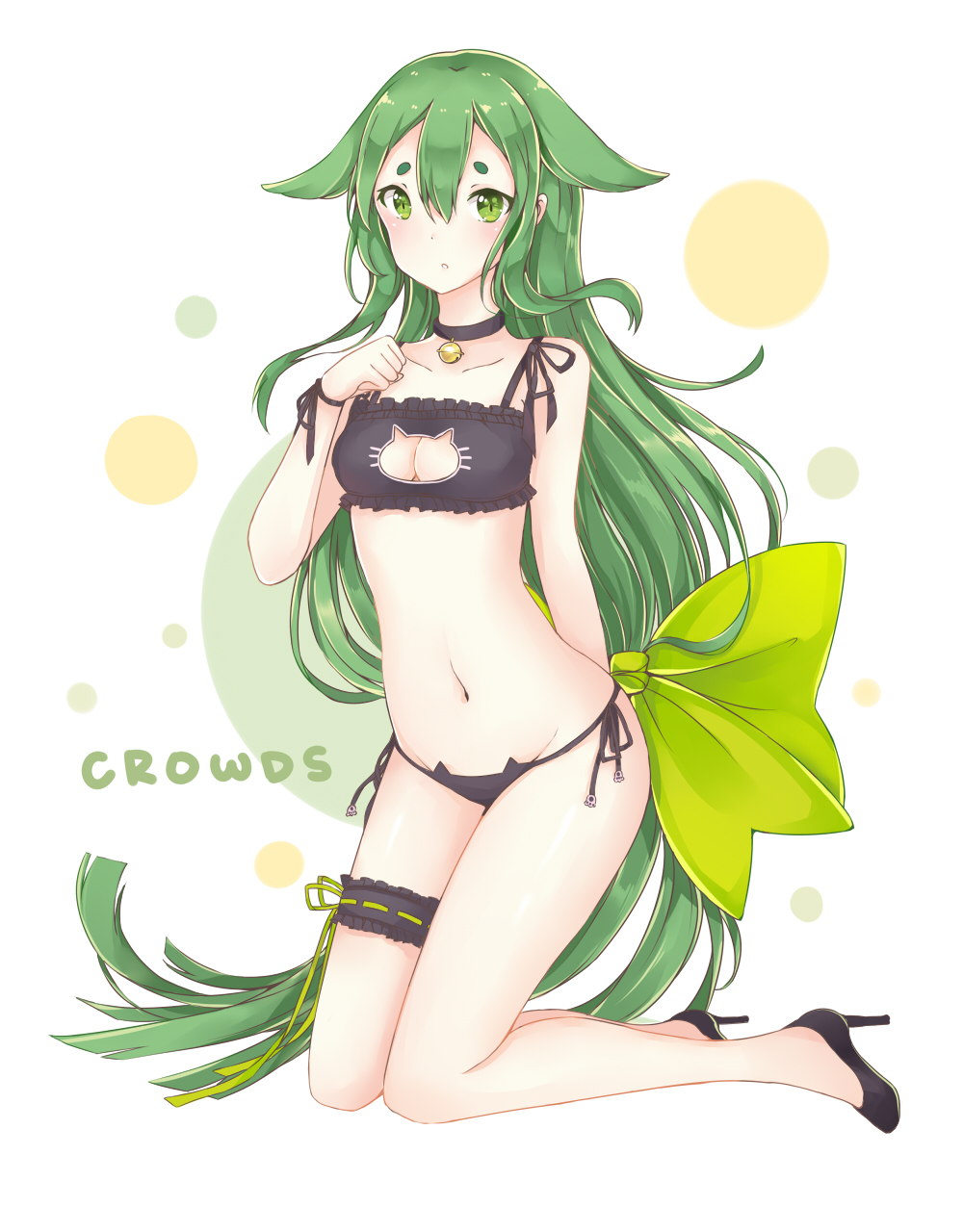 1girl, black_bra, black_panties, bra, breasts, cat_keyhole_bra, cat_lingerie, cleavage, gatchaman_crowds, green_eyes, green_hair, highres, long_hair, mo_(k40633), navel, panties, side-tie_panties, solo, underwear, underwear_only, utsutsu