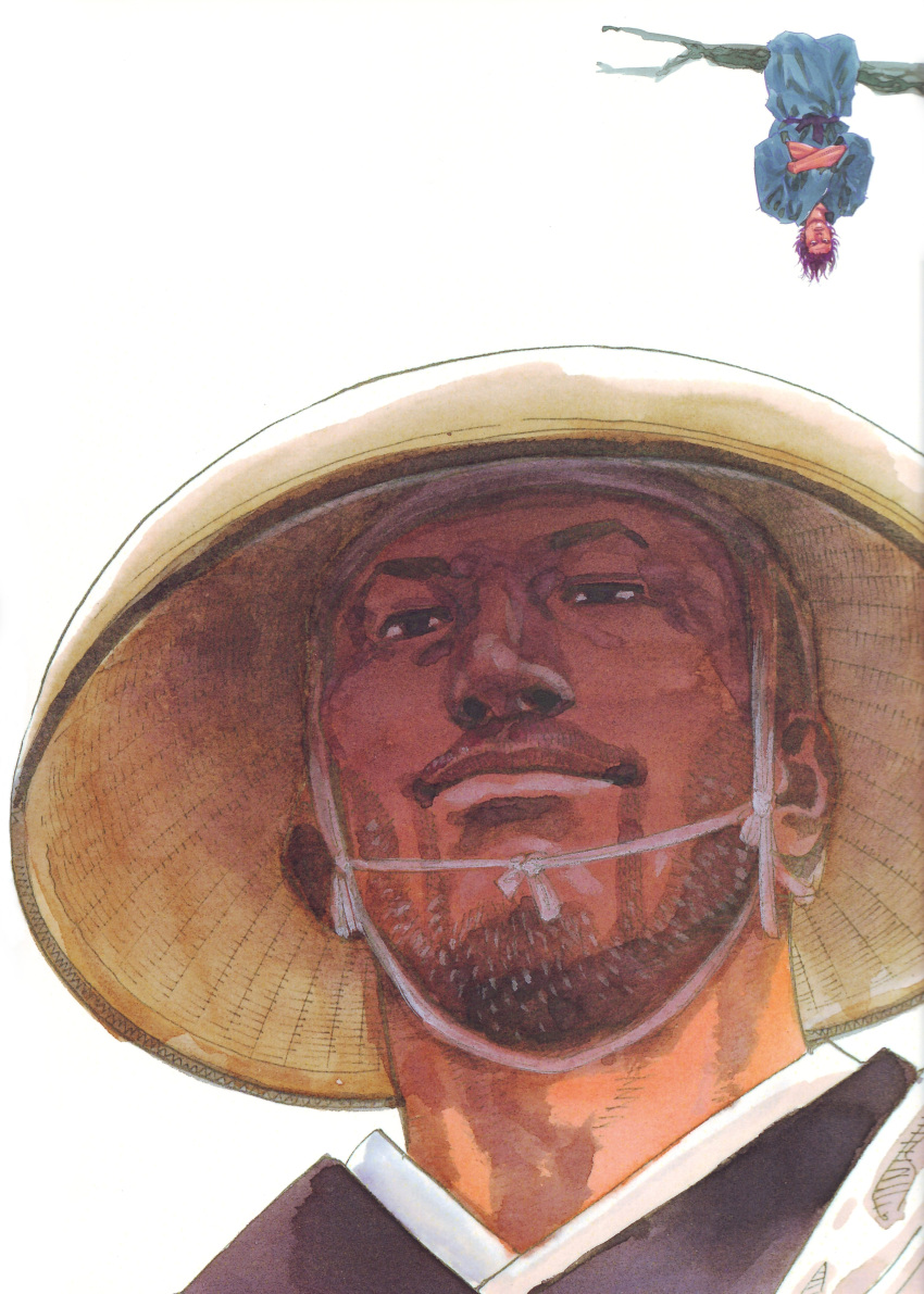 beard, facial_hair, hat, highres, male, miyamoto_musashi, scan, straw_hat