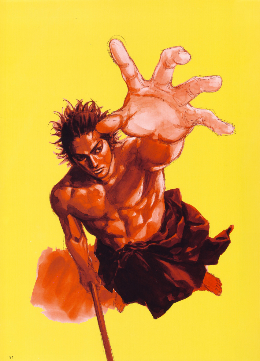 artbook, foreshortening, from_above, hands, highres, male, miyamoto_musashi, muscle, perspective, scan, sword, takehiko_inoue, vagabond, weapon