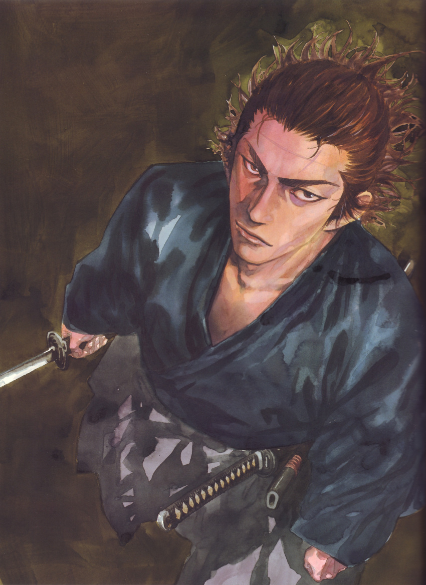 from_above, highres, japanese_clothes, katana, male, miyamoto_musashi, scan, scar