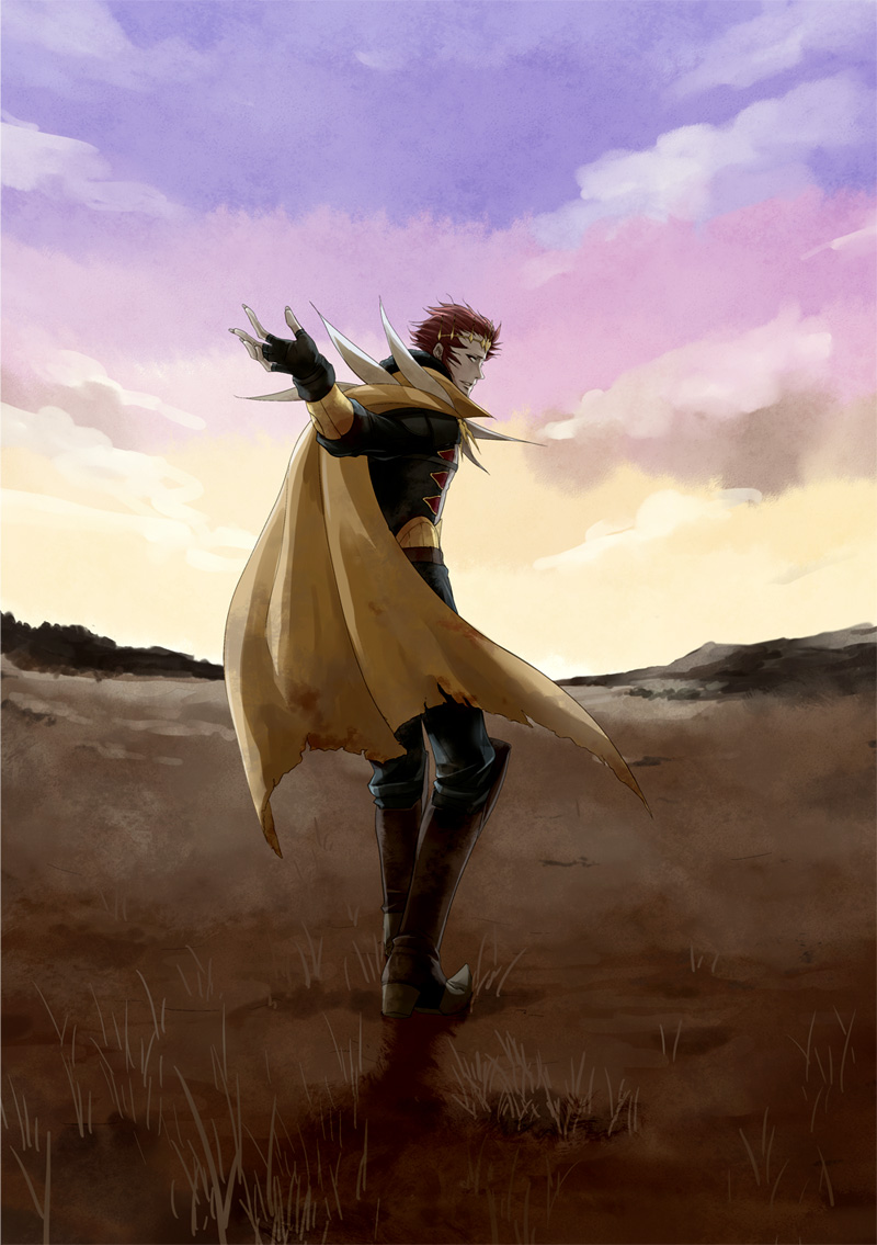 1boy, back, boots, cape, clouds, fingerless_gloves, fire_emblem, fire_emblem:_kakusei
