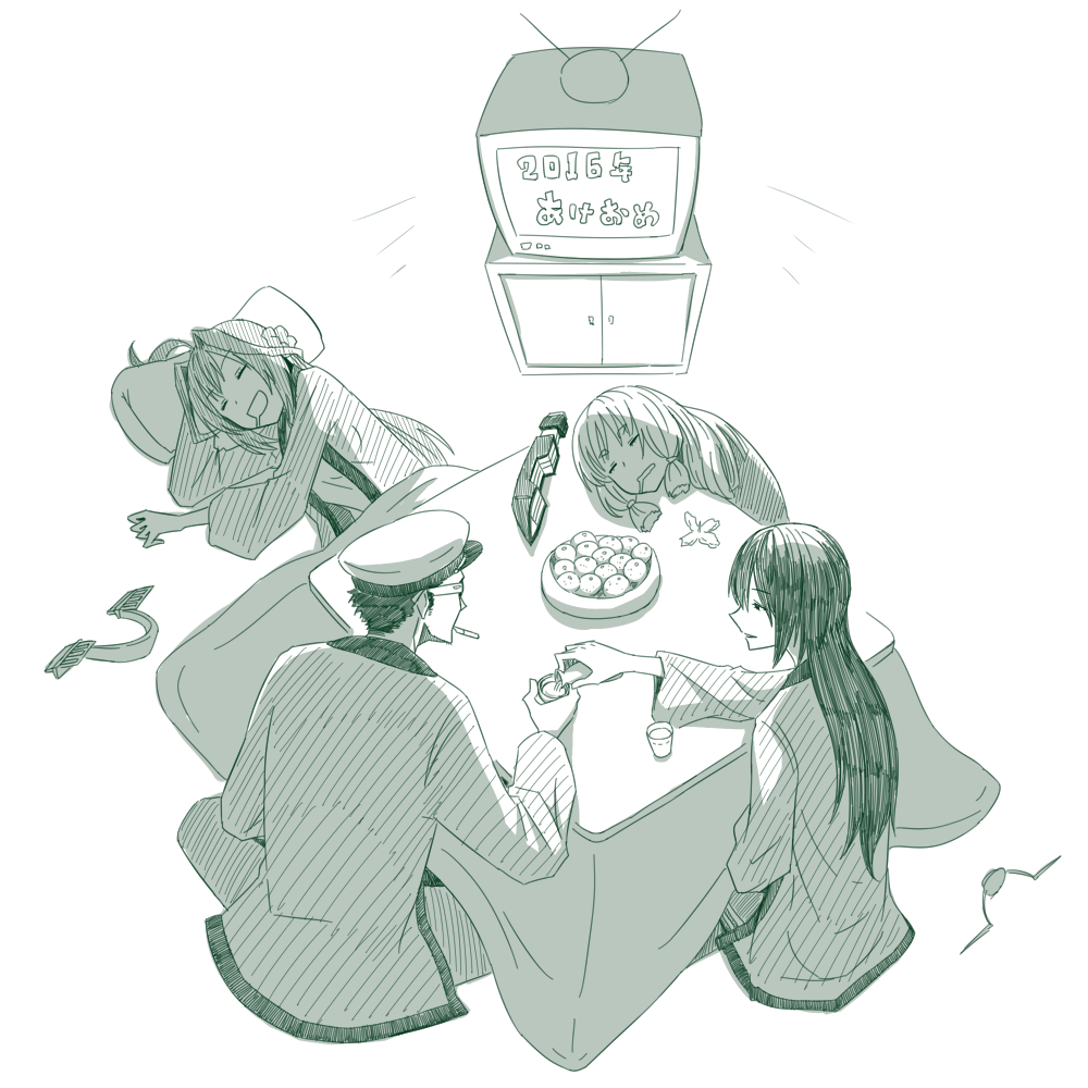 1boy, 3girls, admiral_(kantai_collection), ahoge, alcohol, bangs, birii, blunt_bangs