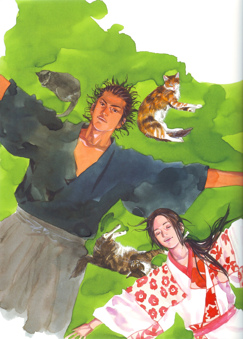 cat, closed_eyes, from_above, highres, japanese_clothes, lying, miyamoto_musashi, otsu, scan, smile, takehiko_inoue, traditional_media, vagabond