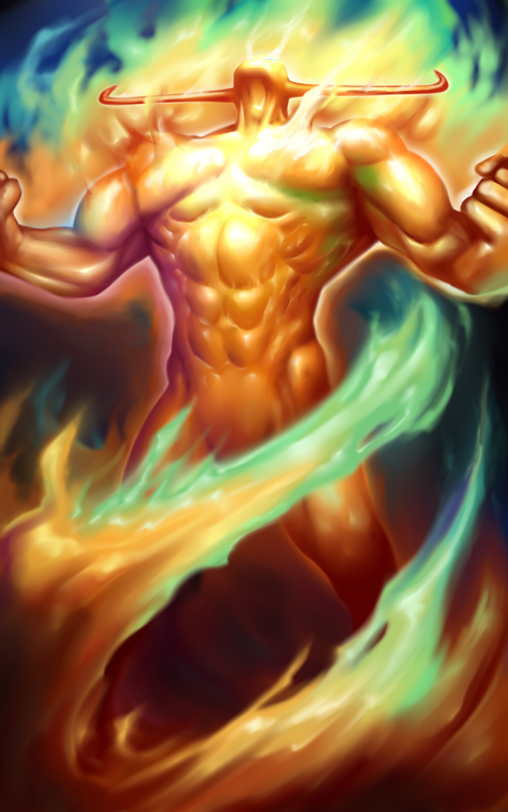 abs, clenched_hand, fire, highres, horns, muscle, pose, pyron