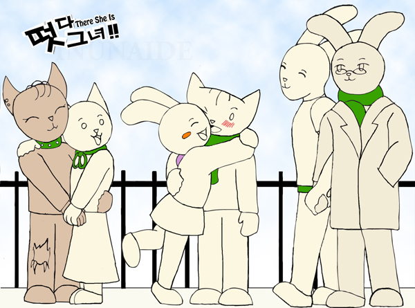 blush, rabbit, cat, doki, hand_holding, hug, nabi, scarf