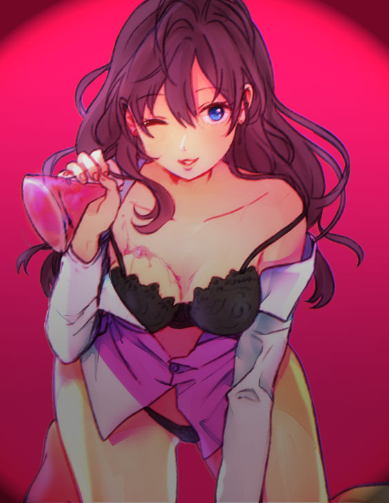 1girl, black_bra, blue_eyes, bra, breasts, brown_hair, cleavage, durian_(skfo403), earrings, erlenmeyer_flask, flask, ichinose_shiki, idolmaster, idolmaster_cinderella_girls, jewelry, long_hair, looking_at_viewer, one_eye_closed, parted_lips, solo, underwear