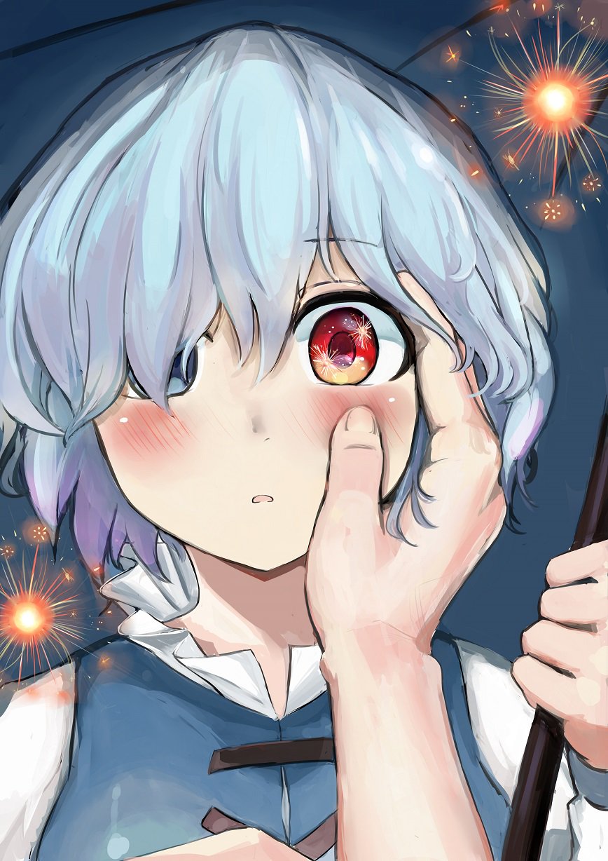 1girl, blue_eyes, blue_hair, blush, face, fireworks, hair_over_one_eye, hand_on_another's_face, hands, heterochromia, highres, karakasa_obake, long_sleeves, looking_at_viewer, miyahara_gouto, open_mouth, red_eyes, reflective_eyes, shirt, short_hair, solo_focus, tatara_kogasa, touhou, umbrella, vest