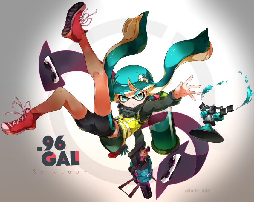 1girl, agent_3, aqua_eyes, aqua_hair, bike_shorts, copyright_name, domino_mask, falling, gun, hair_ornament, hide448, highres, holding_weapon, ink_tank, inkling, long_sleeves, looking_at_viewer, mask, paint_splatter, shoes, single_vertical_stripe, sneakers, solo, splatoon, sprinkler, tentacle_hair, turtleneck, twitter_username, vest, weapon
