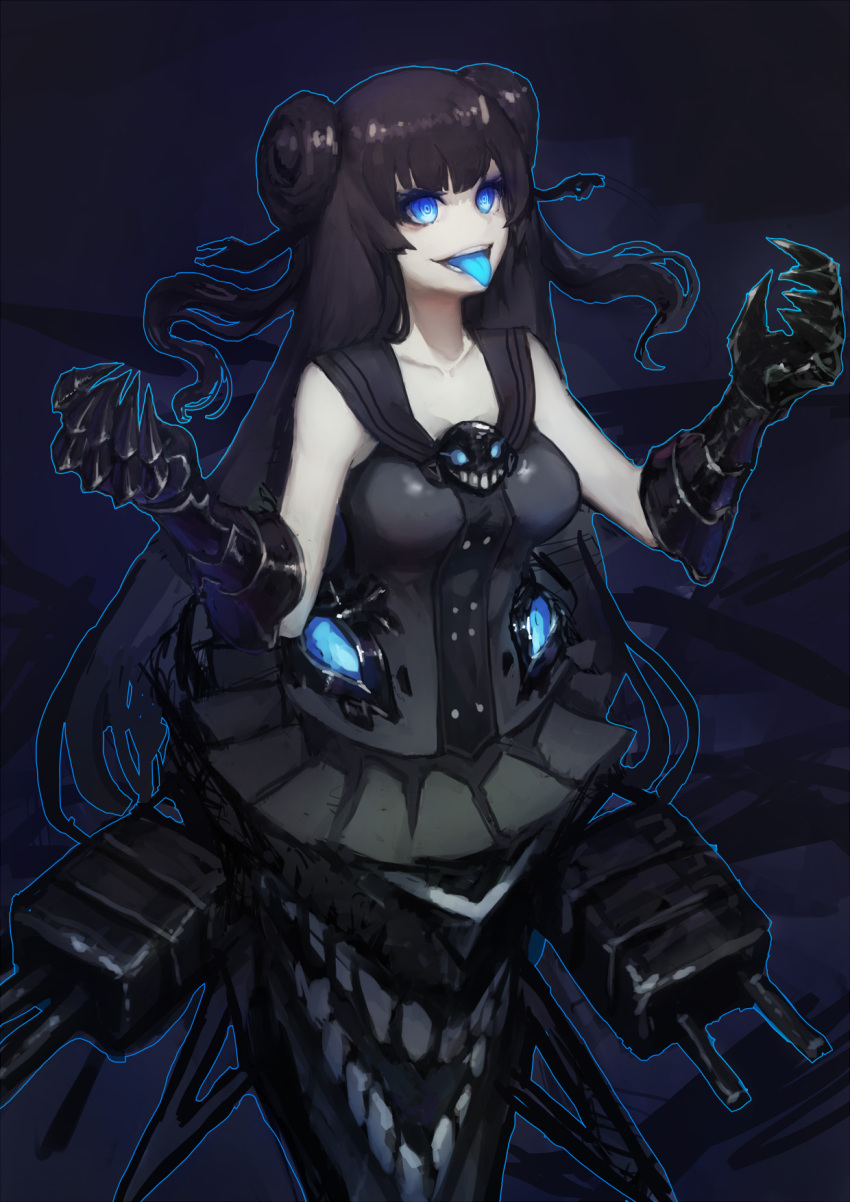 1girl, bare_shoulders, black_hair, blue_eyes, blue_tongue, breasts, collarbone, dark_background