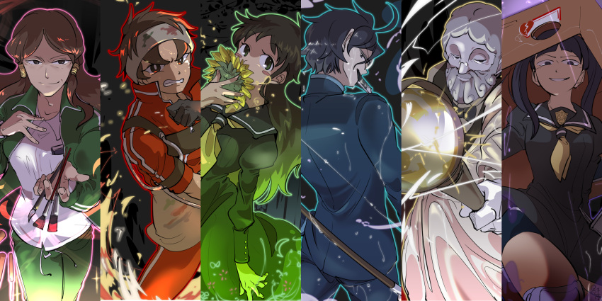 2boys, 4girls, adachi_mamoru, ahoge, armor, armored_boots, atsui_chishio, beard