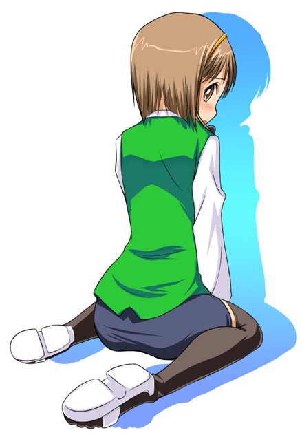 brown_hair, cosplay, from_behind, gray_thighhighs, hagiwara_yukiho, headset, idolmaster, kneeling