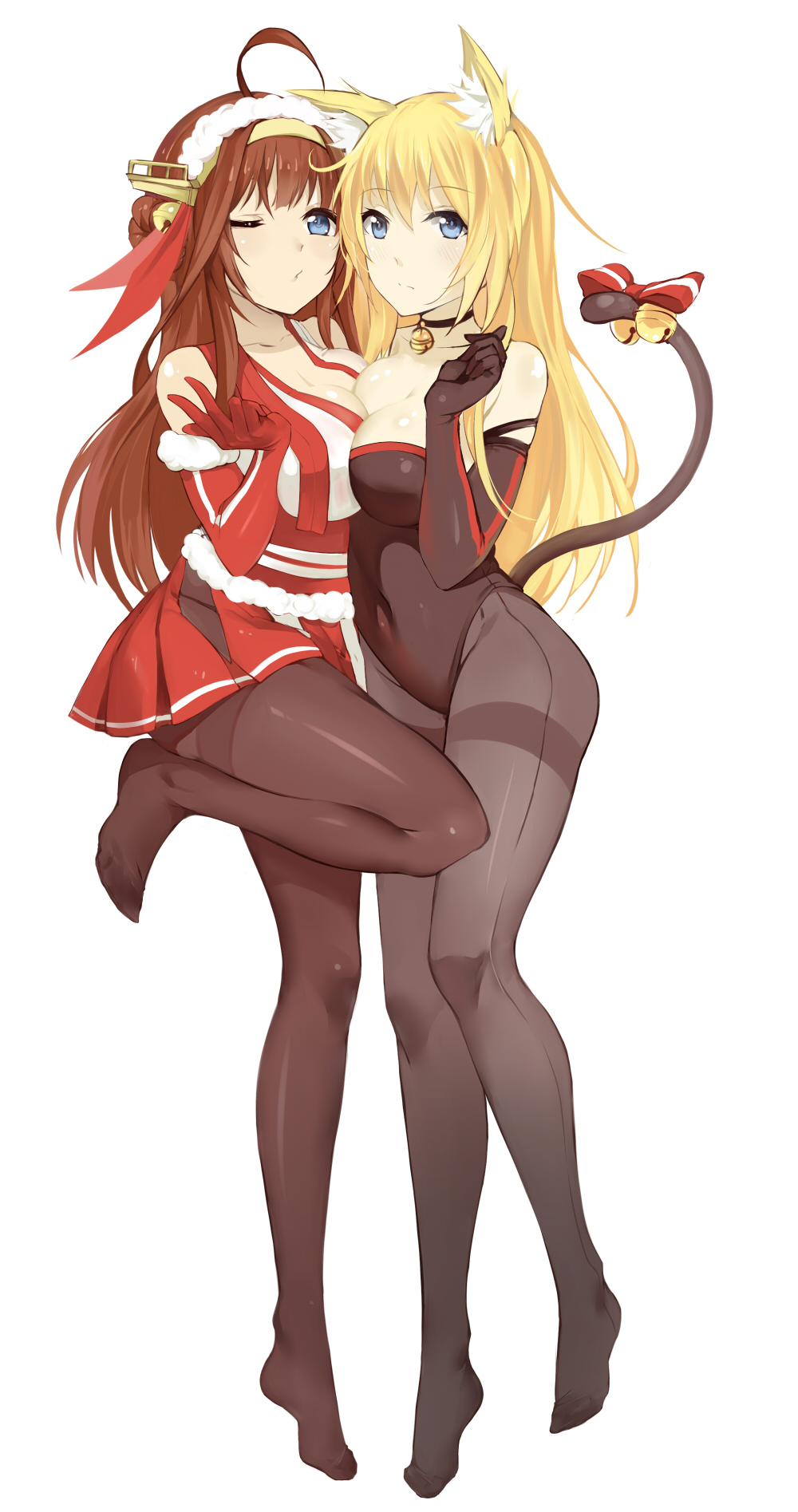 2girls, ahoge, animal_ears, asymmetrical_docking, b3b, bell, bismarck_(kantai_collection), blonde_hair
