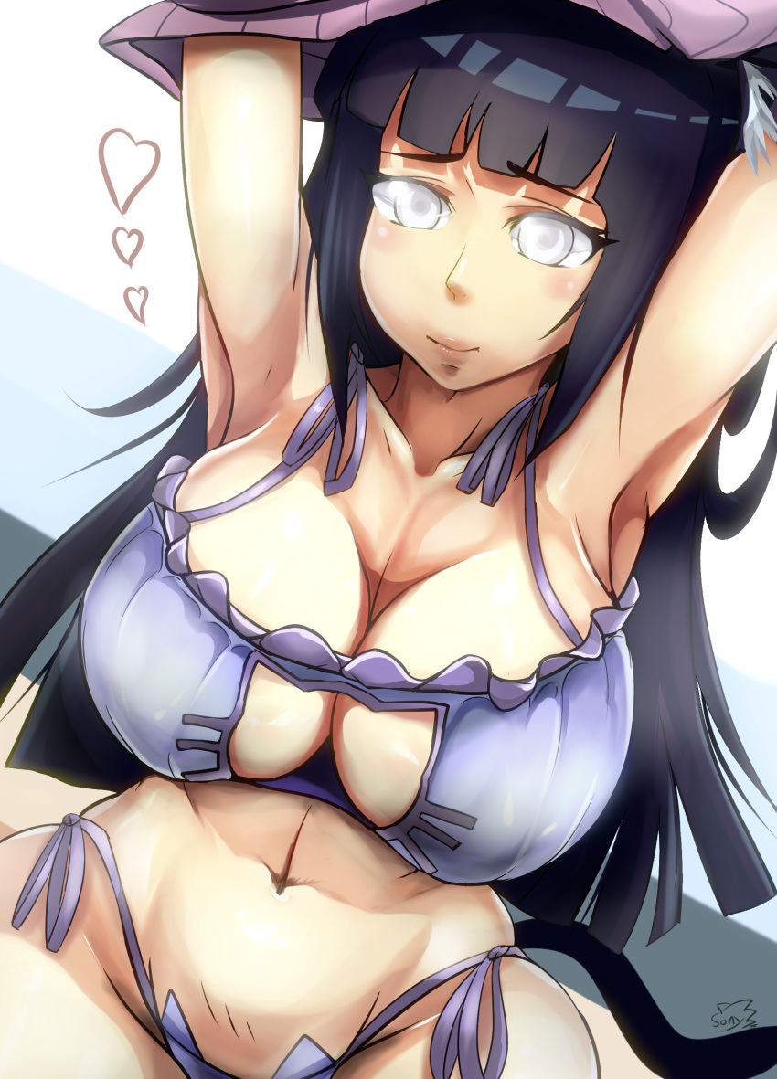 1girl, absurdres, armpits, arms_up, belly, black_hair, breasts, cat_keyhole_bra