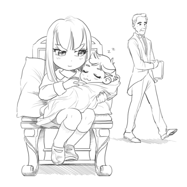 1boy, 2girls, baby, blanket, chair, child, closed_eyes, eyebrows
