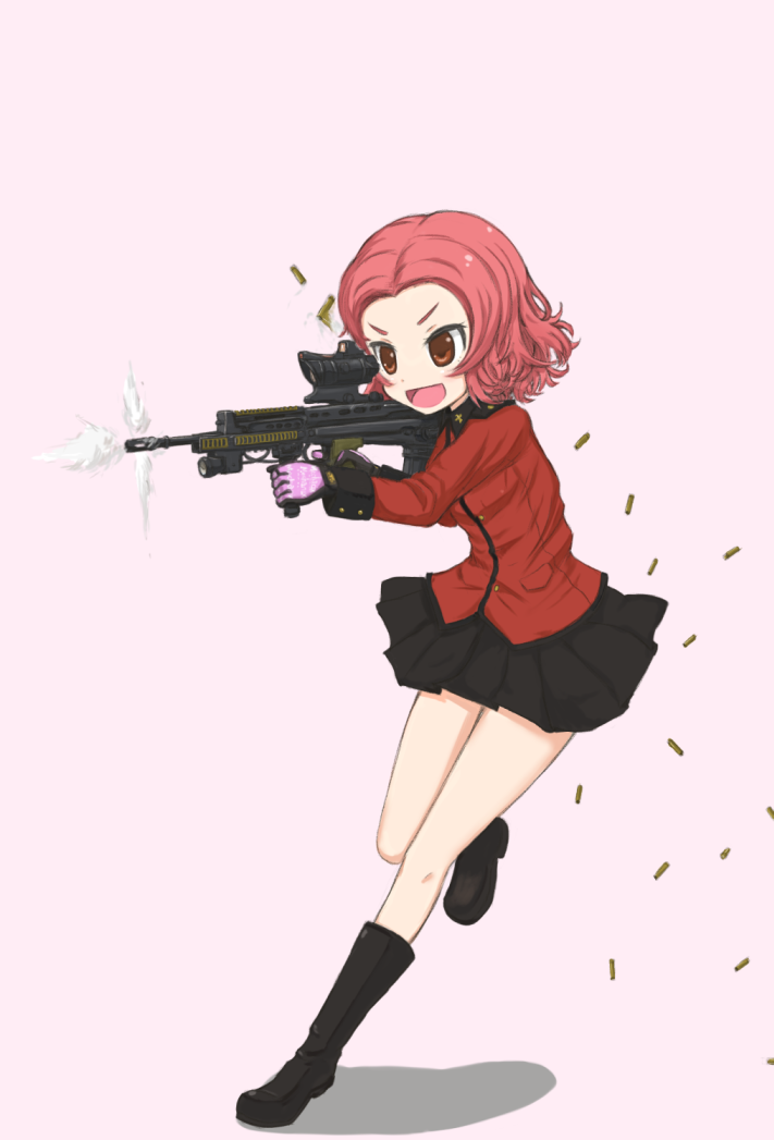 1girl, assault_rifle, calomini, firing, girls_und_panzer, gun, l85, open_mouth