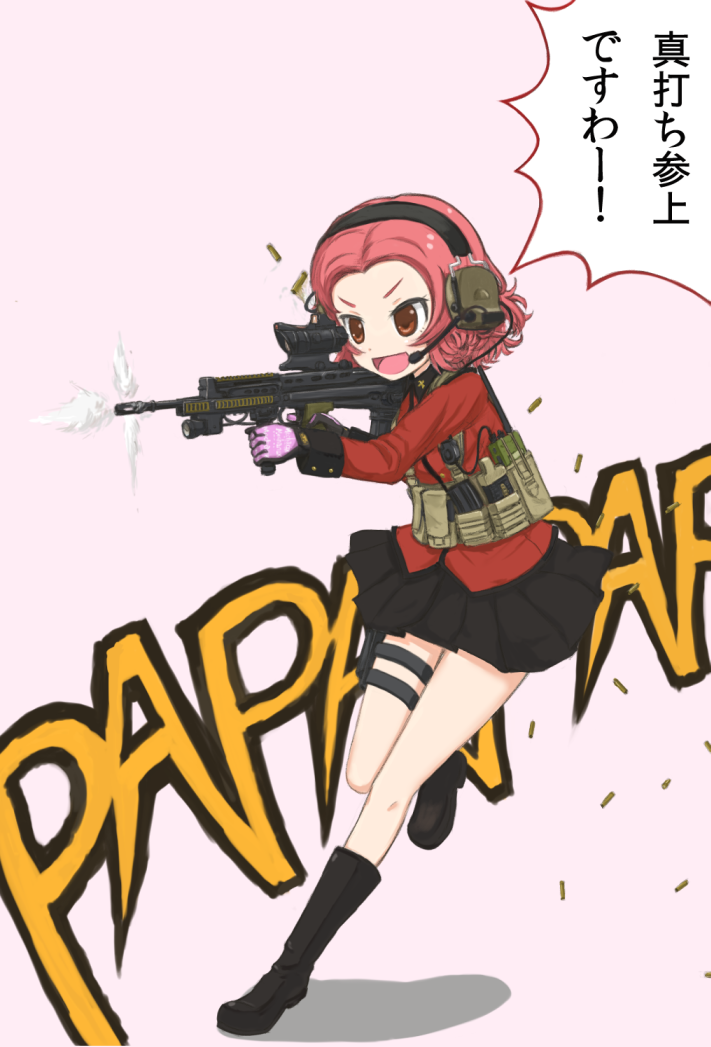 1girl, assault_rifle, calomini, firing, girls_und_panzer, gloves, gun, headset, load_bearing_equipment, open_mouth, operator, red_eyes, rifle, rosehip, short_hair, skirt, smile, solo, translation_request, uniform, weapon