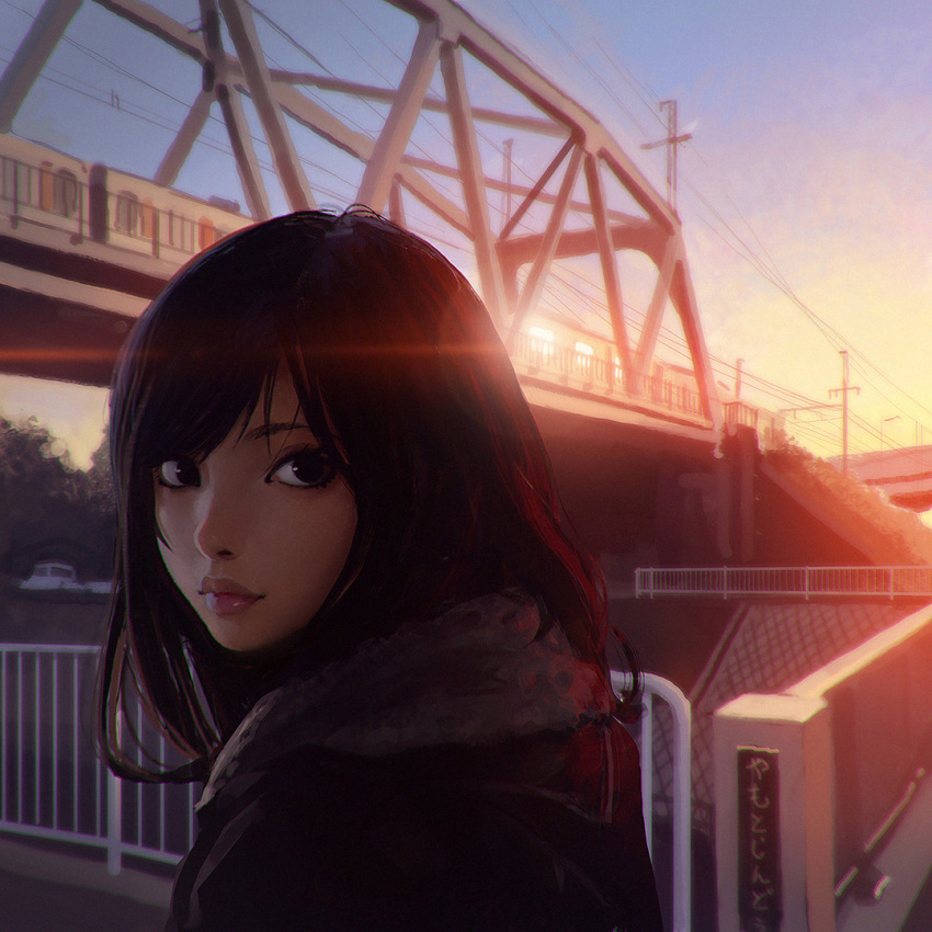 1girl, black_eyes, black_hair, bridge, building, city, clouds, ilya_kuvshinov