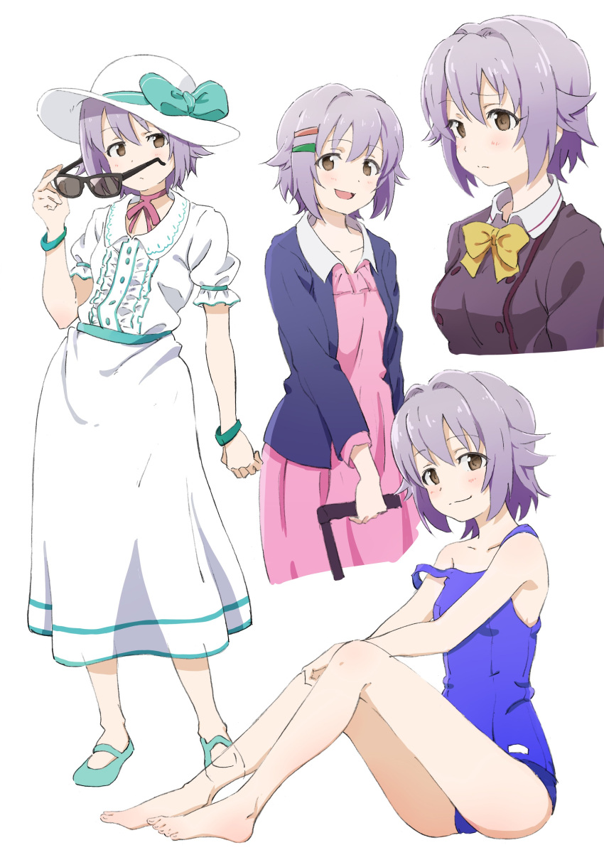 1girl, :d, abancho, absurdres, bow, bowtie, bracelet, brown_eyes, choker, dress, hair_flaps, hair_ornament, hairclip, highres, holding, holding_sunglasses, idolmaster, idolmaster_cinderella_girls, jewelry, koshimizu_sachiko, looking_at_viewer, multiple_views, open_mouth, purple_hair, ribbon_choker, school_swimsuit, school_uniform, short_hair, sitting, sketch, smile, standing, strap_slip, sunglasses, sunglasses_removed, swimsuit, white_dress