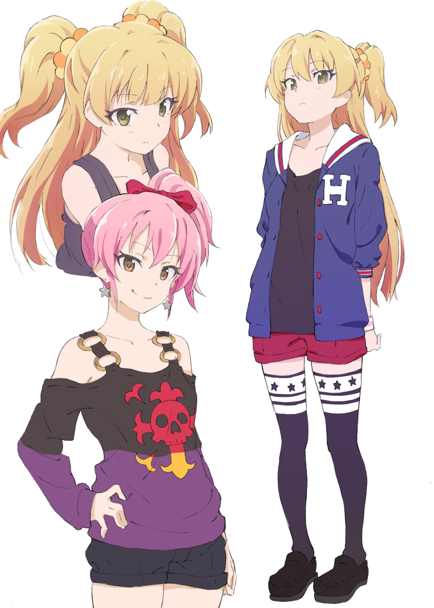 2girls, abancho, absurdres, arms_behind_back, blonde_hair, bow, brown_eyes, earrings, hair_bow, hand_on_hip, highres, idolmaster, idolmaster_cinderella_girls, jacket, jewelry, jougasaki_mika, jougasaki_rika, long_hair, looking_at_viewer, multiple_girls, multiple_views, pink_hair, short_shorts, shorts, side_ponytail, sketch, skull_print, smile, star, star_earrings, sweatband, tank_top, thigh-highs, two_side_up, wristband