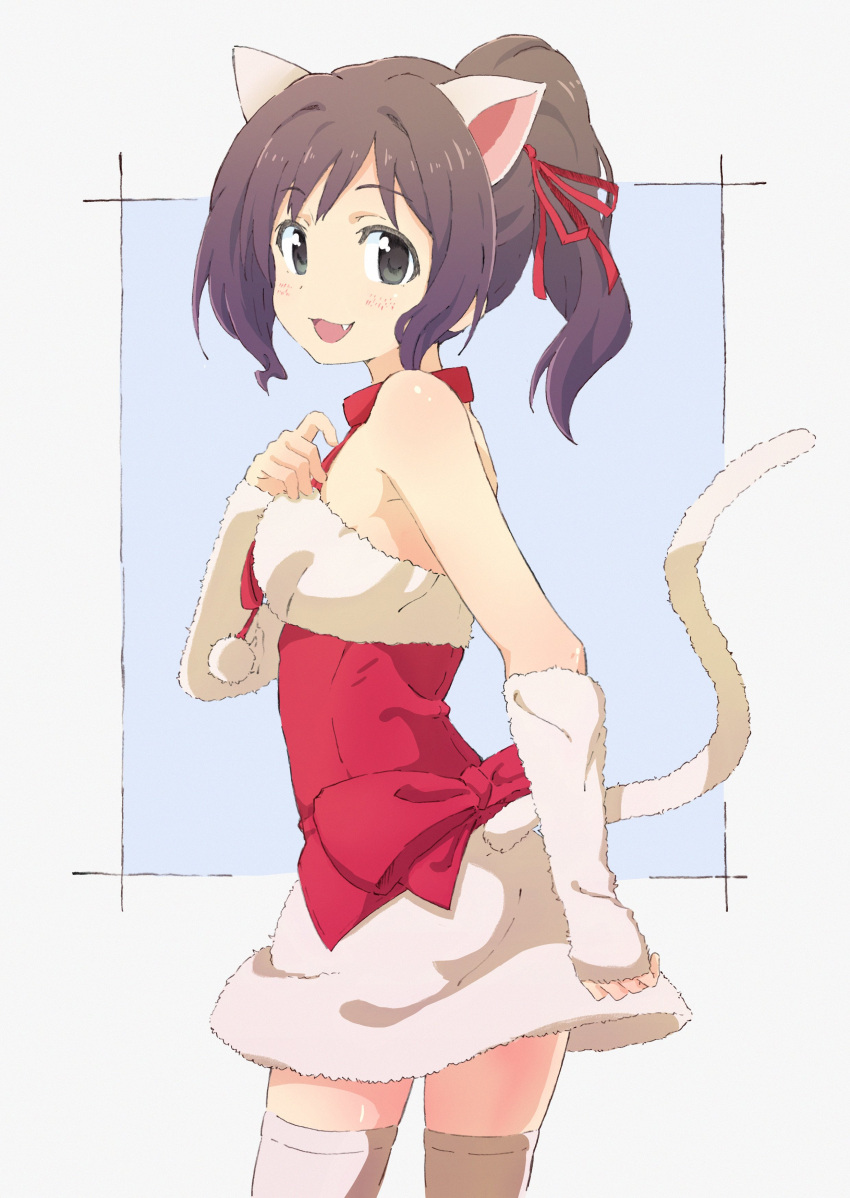 1girl, :d, abancho, absurdres, animal_ears, arm_warmers, brown_eyes, brown_hair