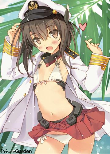 1girl, admiral_(kantai_collection)_(cosplay), blush, bra, brown_eyes, brown_hair, commentary_request, cosplay