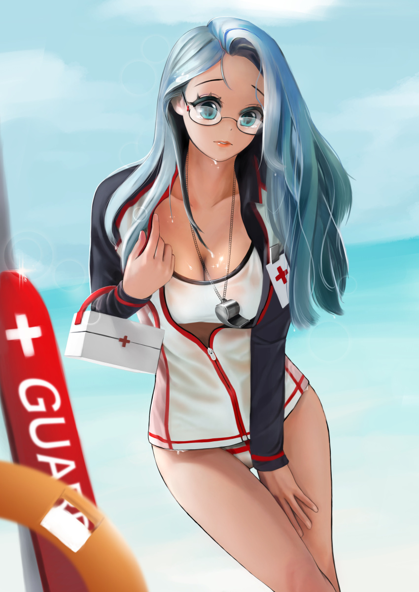 1girl, absurdres, beach, bikini, black-framed_glasses, blue_eyes, blue_hair, blurry