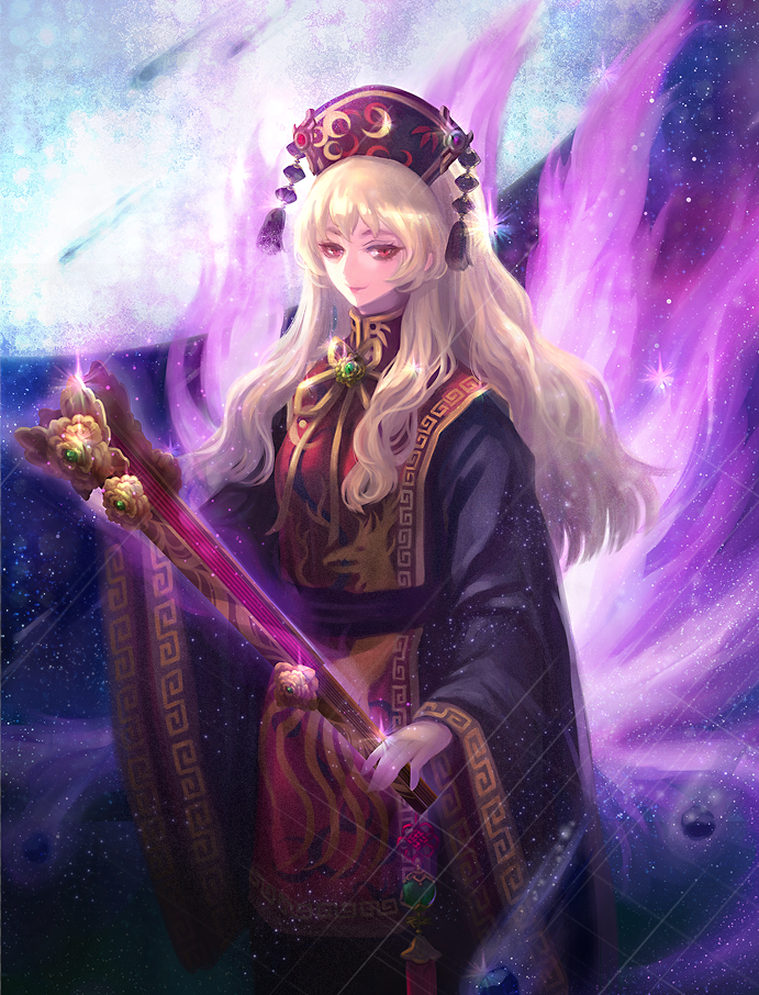 1girl, black_dress, blonde_hair, chinese_clothes, dress, fox_tail, hat, jewelry