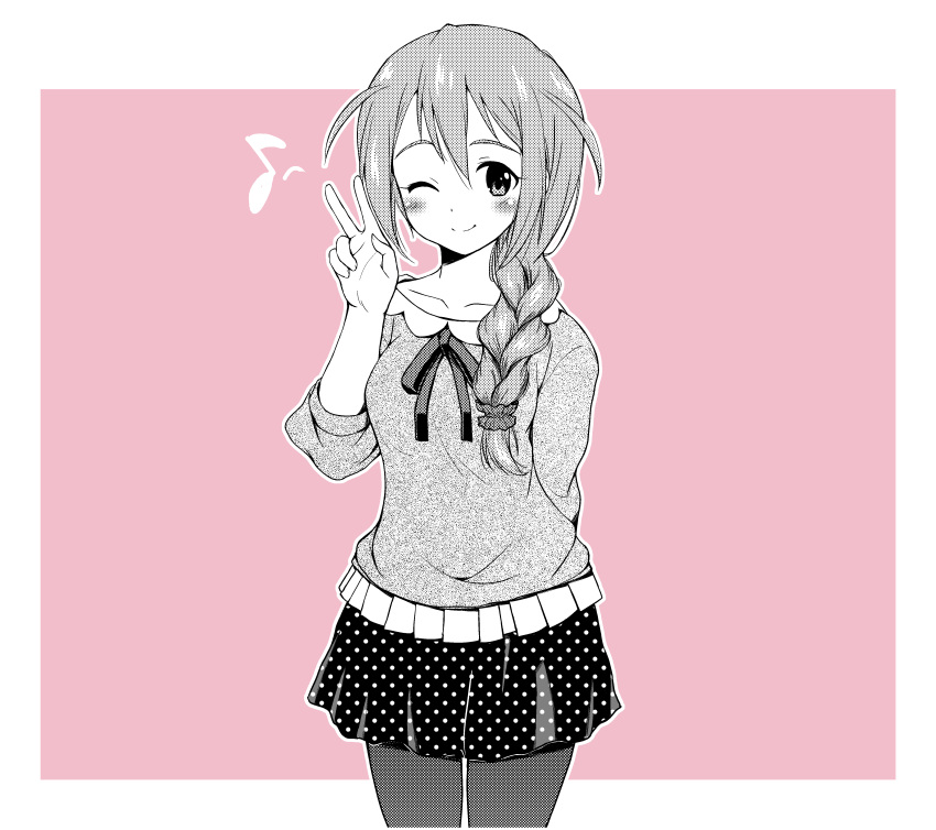 1girl, absurdres, baba_konomi, blush, braid, hair_flaps, highres, idolmaster, idolmaster_million_live!, long_hair, looking_at_viewer, monochrome, one_eye_closed, ooshiro_youkou, pantyhose, smile, solo, v