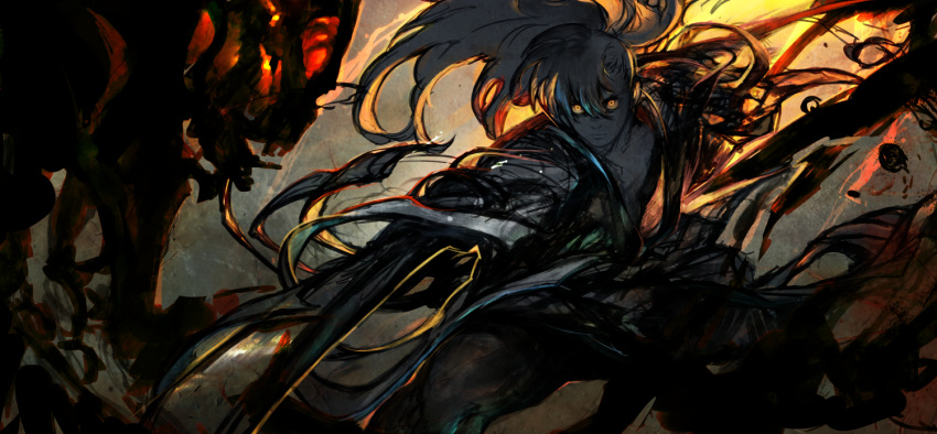 1boy, aiming_at_viewer, alternate_eye_color, bandages, bangs, black_hair, dororo_(tezuka), glowing