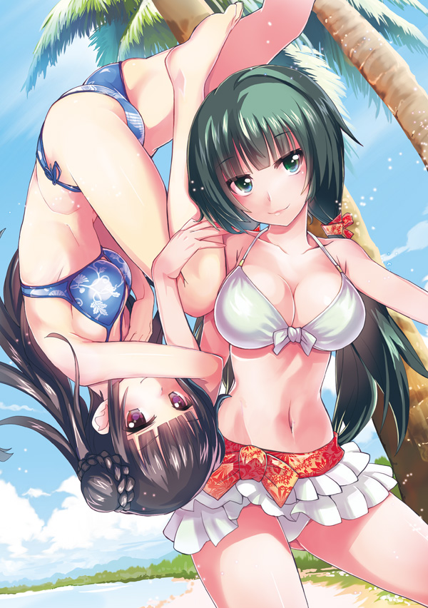>:), 2girls, ass, ass_visible_through_thighs, bangs, bare_legs, barefoot, beach