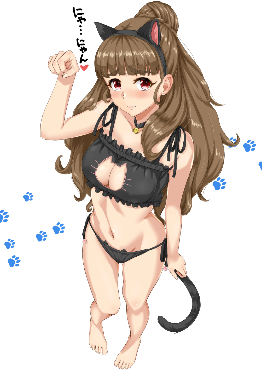 1girl, animal_ears, barefoot, blush, breasts, brown_hair, cat_cutout, cat_ear_panties, cat_ears, cat_keyhole_bra, cat_lingerie, cat_tail, cleavage_cutout, densuke_(iha-syuon), eyebrows, highres, idolmaster, idolmaster_cinderella_girls, kamiya_nao, long_hair, looking_at_viewer, panties, paw_pose, red_eyes, side-tie_panties, solo, tail, underwear