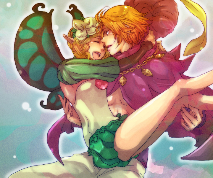 1boy, 1girl, 9wa, blonde_hair, braid, butterfly_wings, closed_eyes, couple, fairy, flower, hair_flower, hair_ornament, hat, hat_feather, hetero, hug, ingway_(odin_sphere), long_hair, looking_at_another, mercedes, odin_sphere, pointy_ears, smile, twin_braids, wings