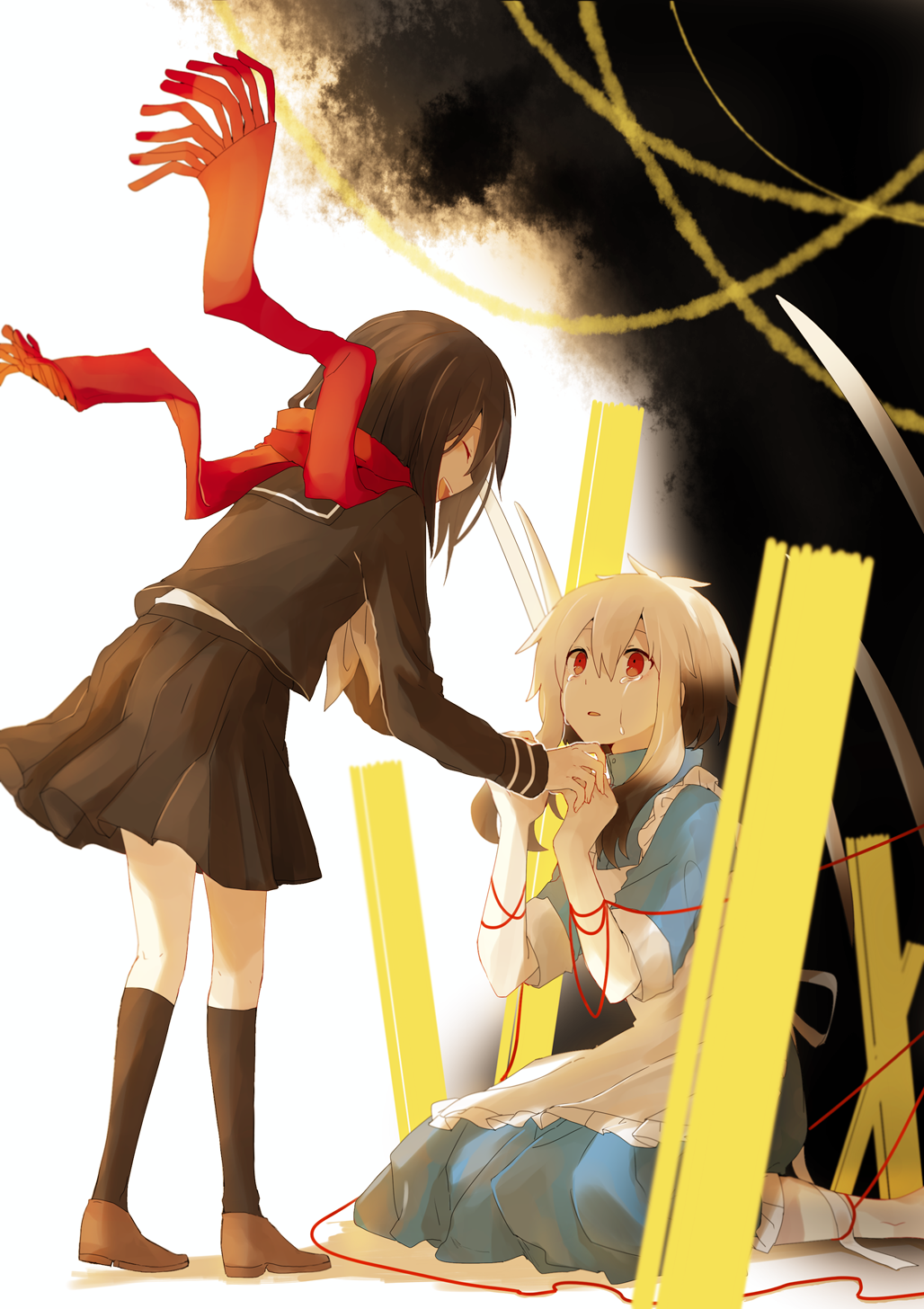 2girls, aaniko, black_hair, closed_eyes, detached_wings, dress, highres, kagerou_project, kozakura_mary, long_hair, multiple_girls, red_eyes, red_scarf, red_string, scarf, school_uniform, serafuku, smile, string, tateyama_ayano, tears, white_hair, wings